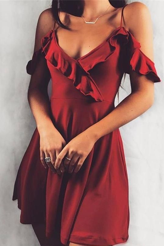 Burgundy Short Sexy Spaghetti Straps Mini Homecoming Dress With Ruffles S3318