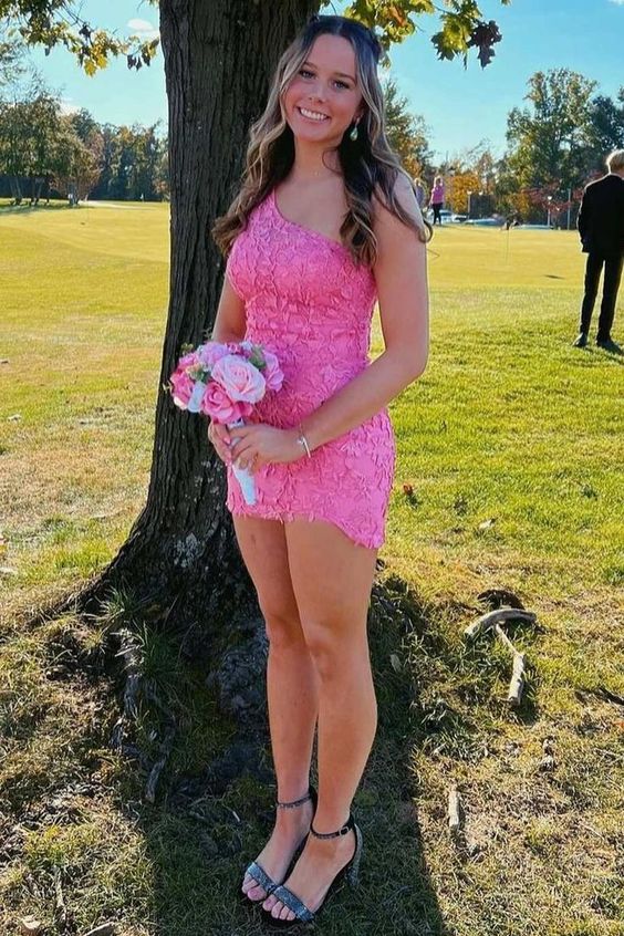 Short Pink One Shoulder Lace Prom Dresses Homecoming Dresses S2624