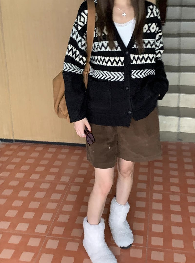 black v-neck casual knitted cardigan jacket S4778