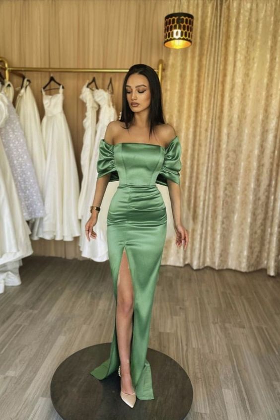 simple mermaid sage satin split prom gown off the shoulder formal dress S2950