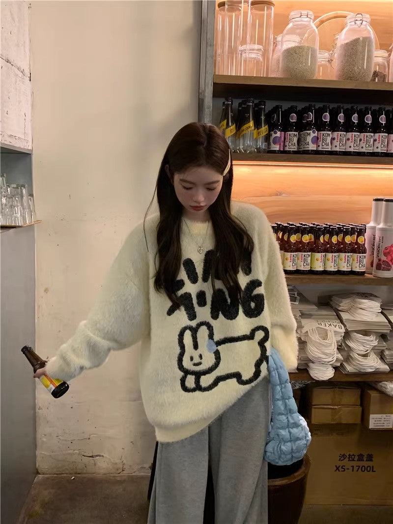 Sweet and cute rabbit cartoon soft round neck sweater knitted top S4724