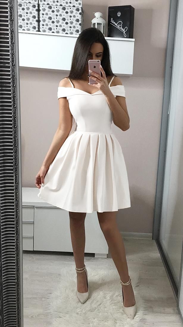 Ivory Off the Shoulder Short Prom Dress,Lovely Spaghetti straps Homecoming Dress S3171