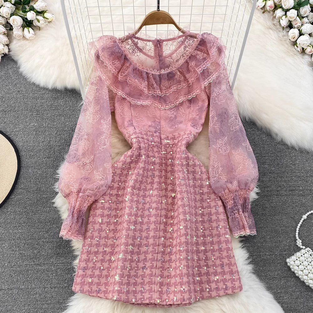 luxurious round-neck ruffled lantern long-sleeved lace sequined A-line dress S4273