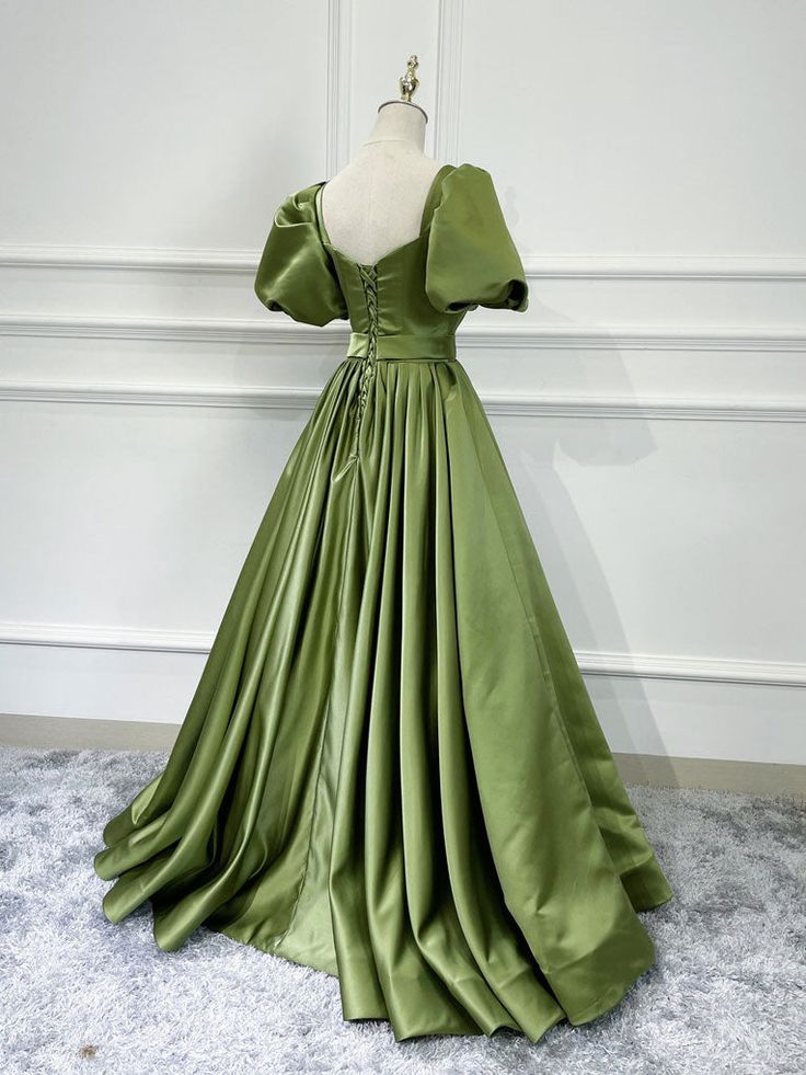 green satin long prom dress, green satin evening dress S3541