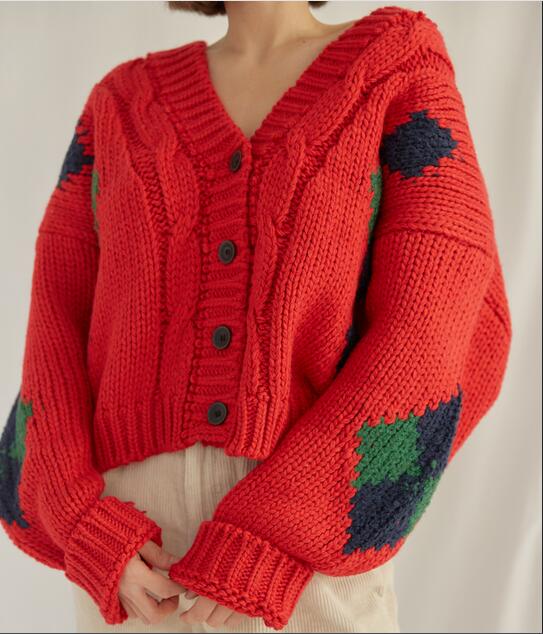 Loose diamond contrast color Knitting cardigan Sweater coat S2794
