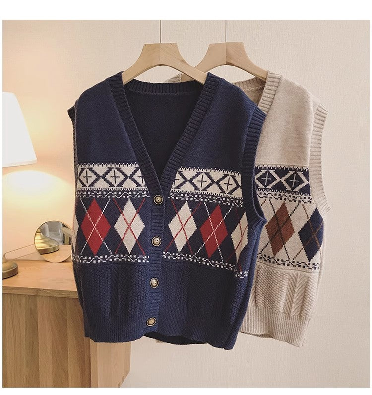 V-neck vest for women new style retro style sweater cardigan sleeveless vest knitted vest trendy S5023