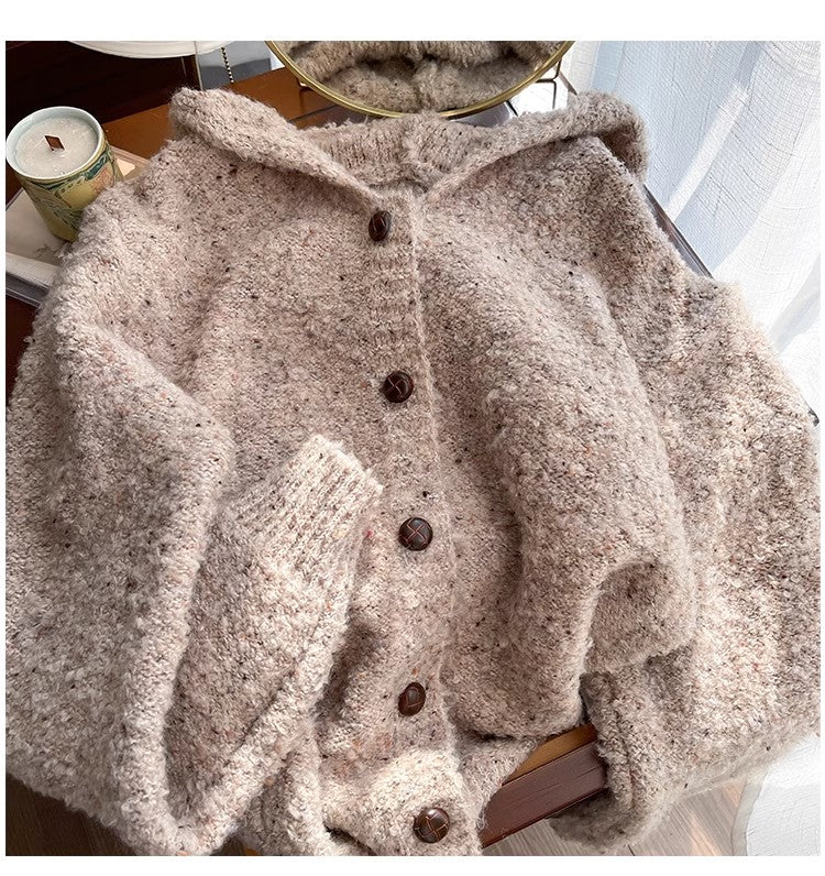 Mixed color dot hooded sweater jacket for women knitted cardigan S4867