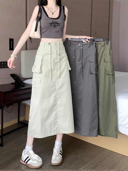 workwear skirt for women summer new mid-length high-waist drawstring a-line long skirt    S3416