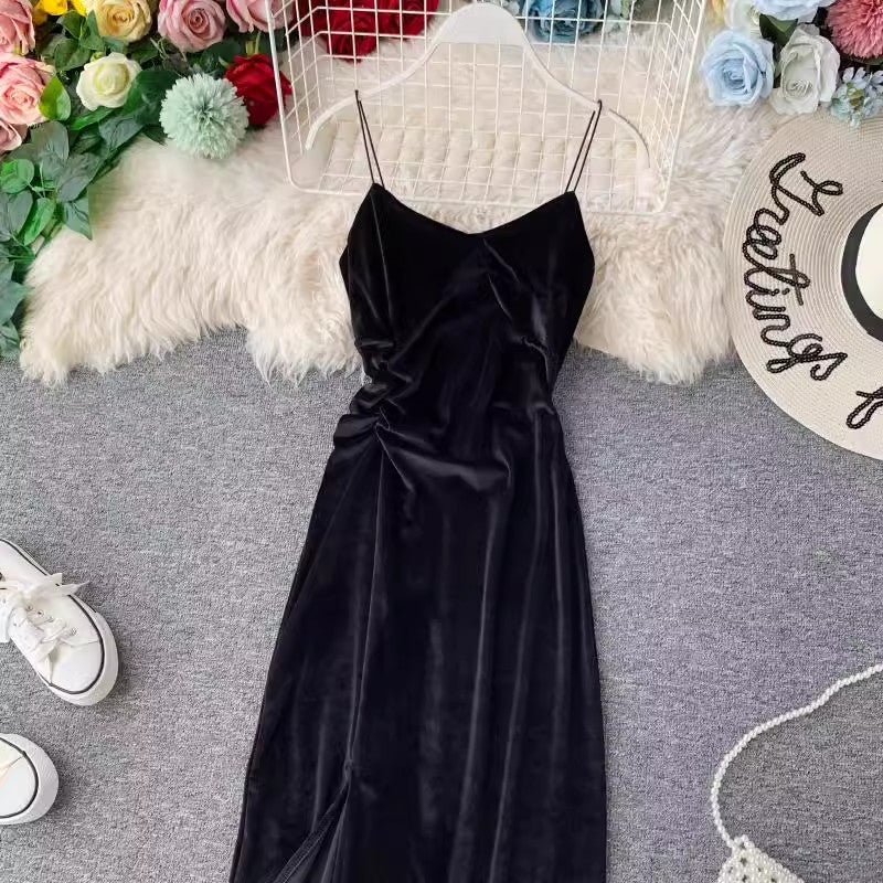 chic sexy velvet dress women's mid-length V-neck suspender skirt S4340