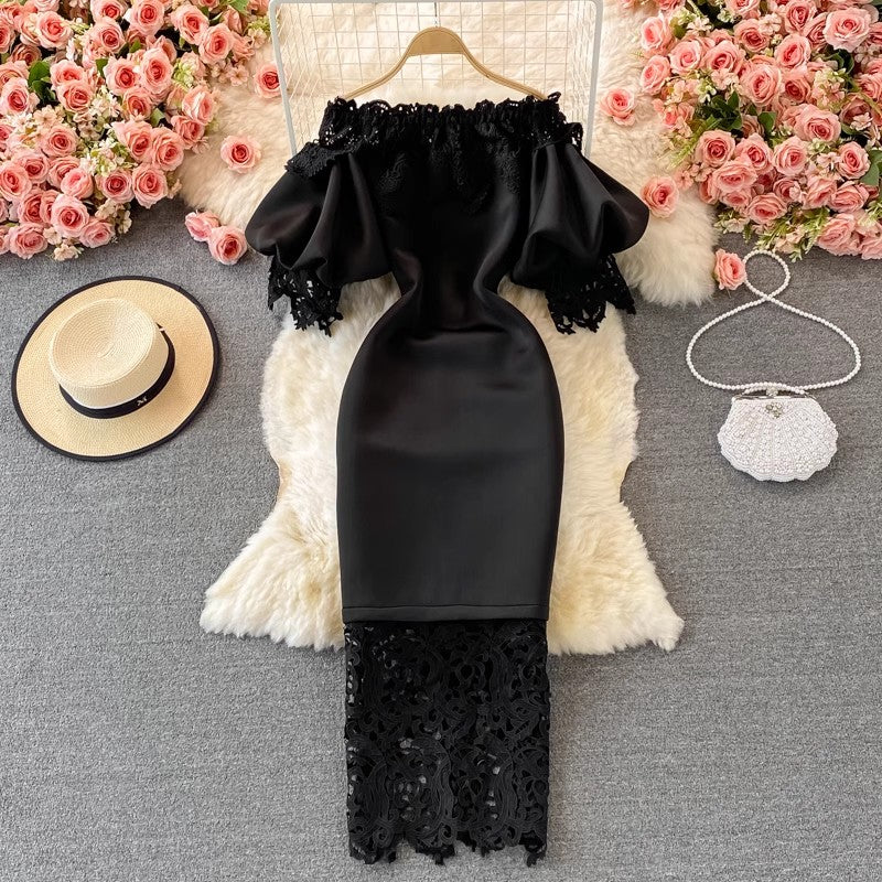 Retro French dress off-shoulder lantern sleeve dress S3900