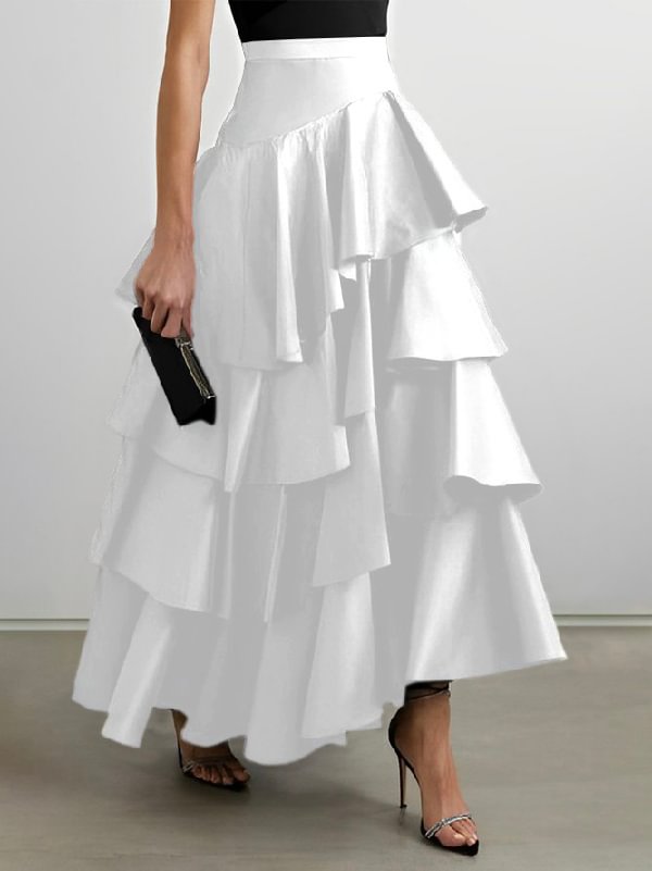 Stylish Selection A-Line High Waisted Falbala Solid Color Skirts Bottoms    S2820