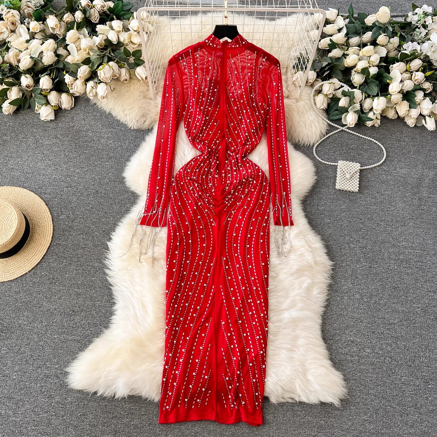 outfits for women beading rhinestones mesh see-through dress with suspender skirt S4596