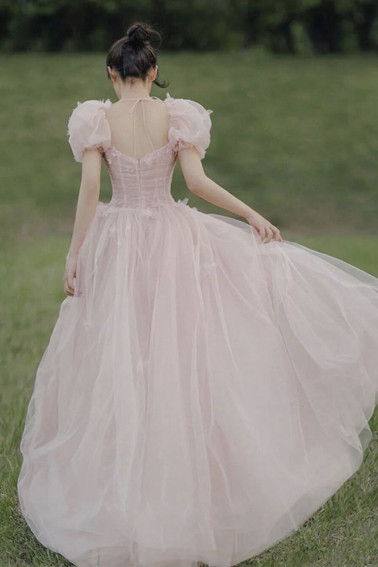 Pink tulle long A line prom dress evening dress S2552