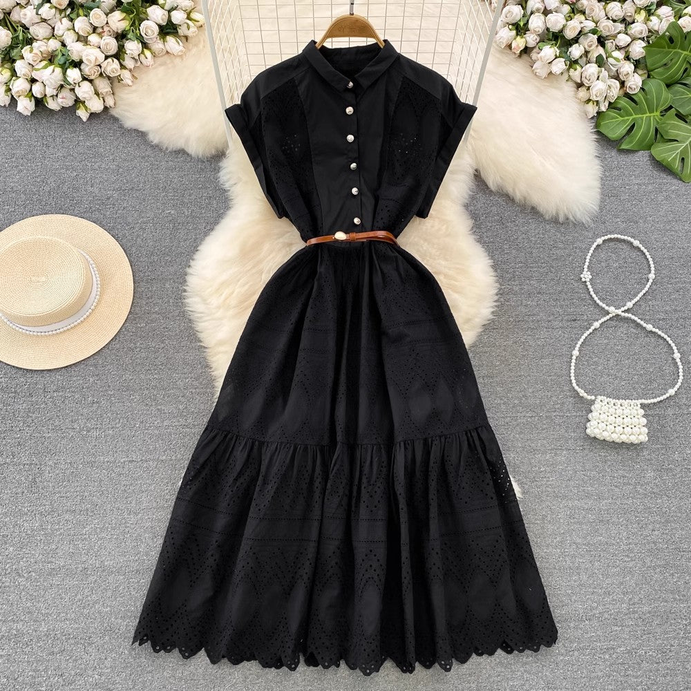 short-sleeved A-line embroidered dress elegant long skirt S4284