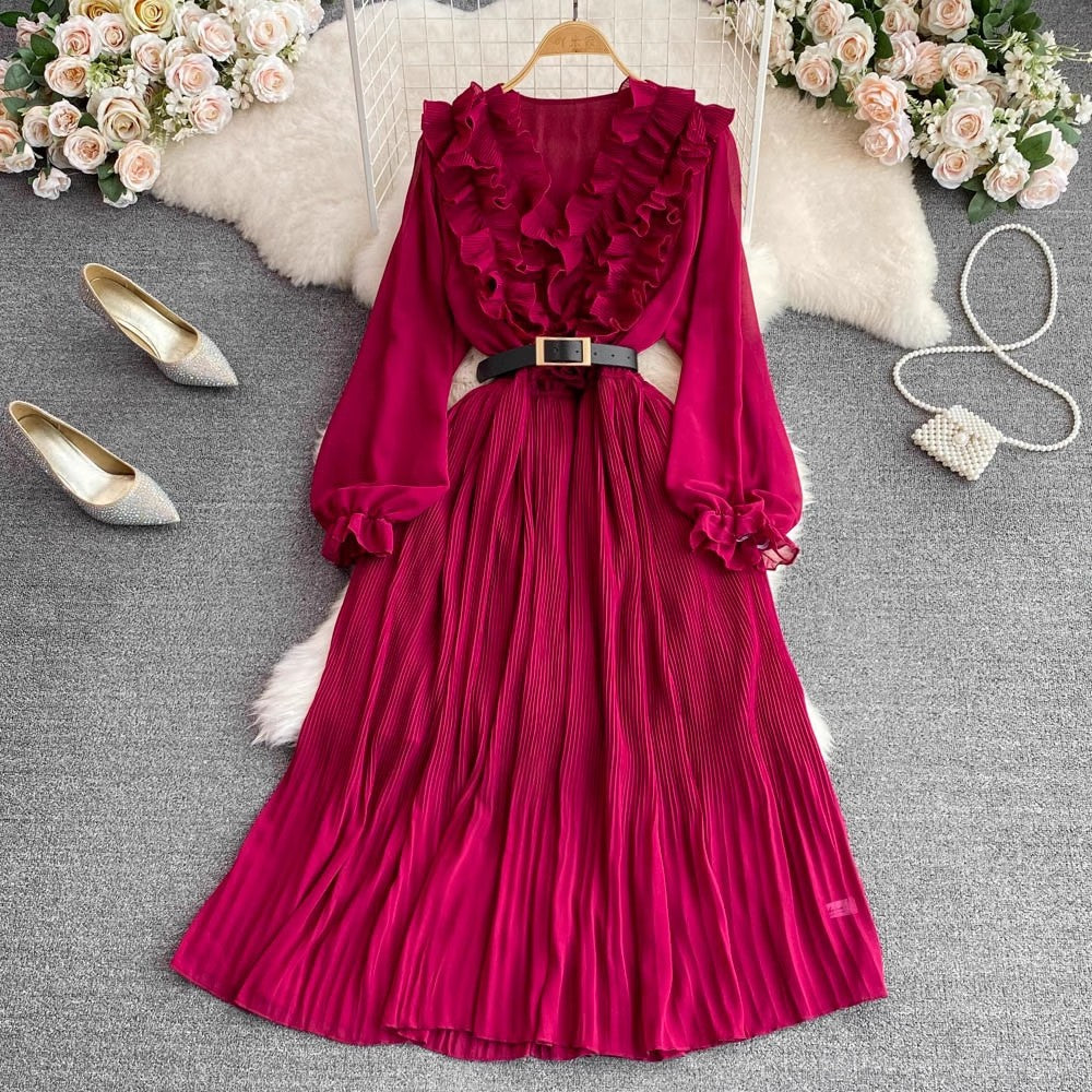 V-neck ruffled puff long-sleeved A-line pleated dress S4301