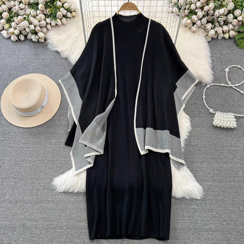 large shawl women's knitted cardigan coat two-piece a-line dress S4216