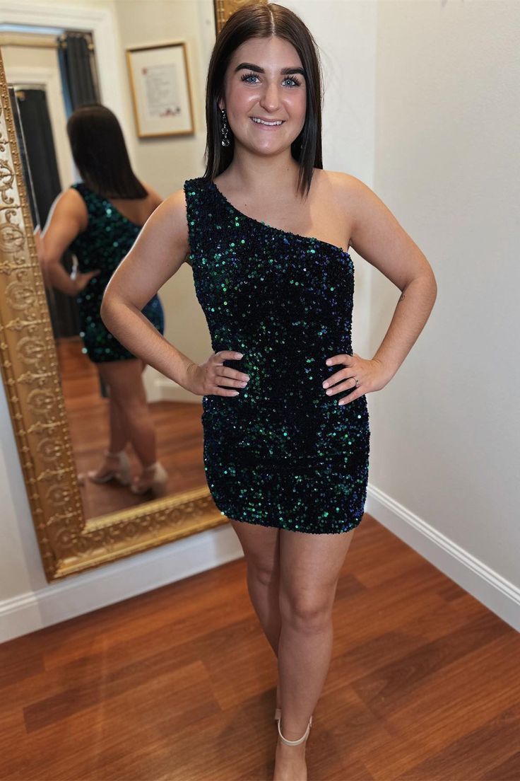 Dark Green Sequins One Shoulder Homecoming Dress S2857