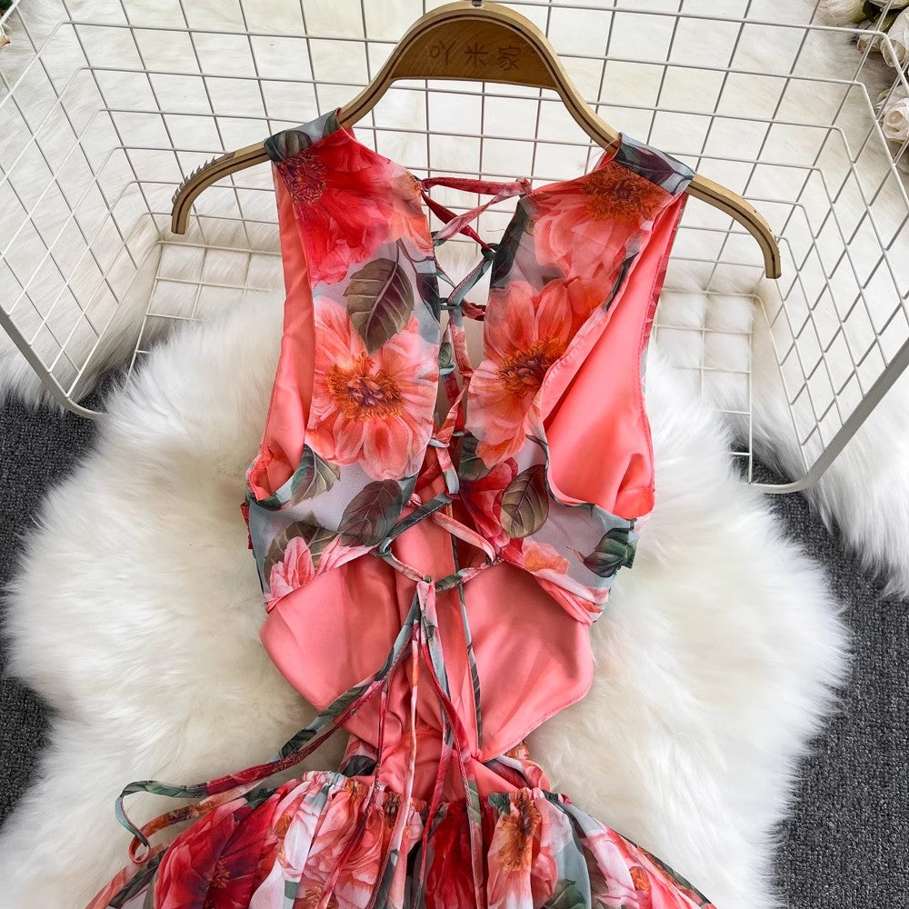 Bohemian V-neck backless A-line ruffle print dress S4277