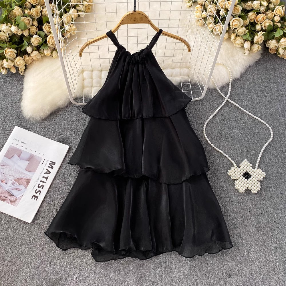 pink ruffled halterneck dress round neck a-line short skirt S4418