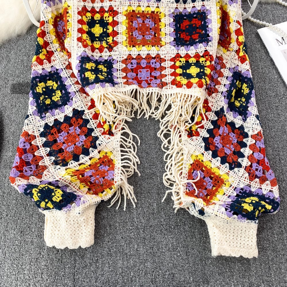 Fashionable lantern long-sleeved round neck tassel short sweater blouse for women casual top S4141