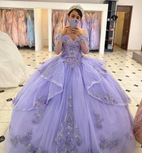 V Neck Off The Shoulder Ball Gown Prom Formal Dresses with Sleeves S3834