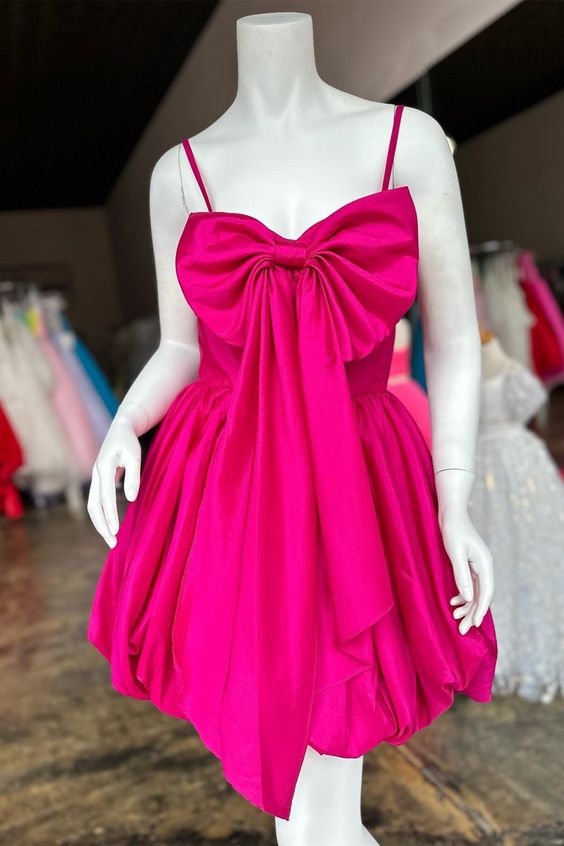 Fuchsia Straps Satin A-line Homecoming Dress with Bow S2618