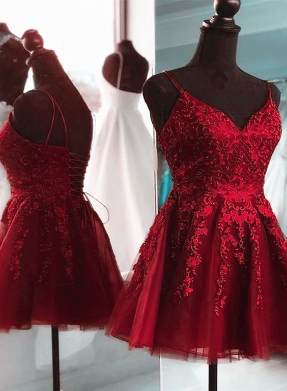 Wine Red Short Tulle with Lace Party Dress, Wine Red Homecoming Dress S3191