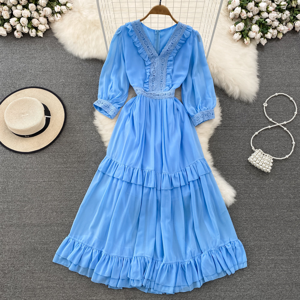 Cute A-line Chiffon Dresses, V-neck 1/2 Sleeve Fashion Dresses S4413