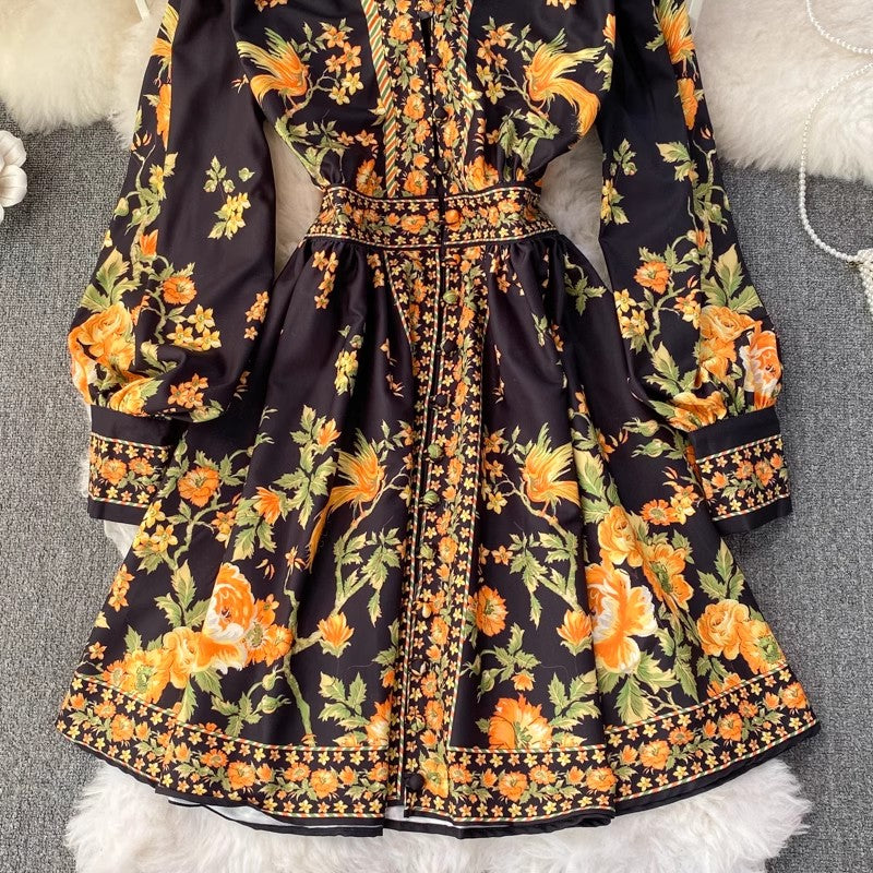 V-neck lantern sleeve printed A-line dress S4429