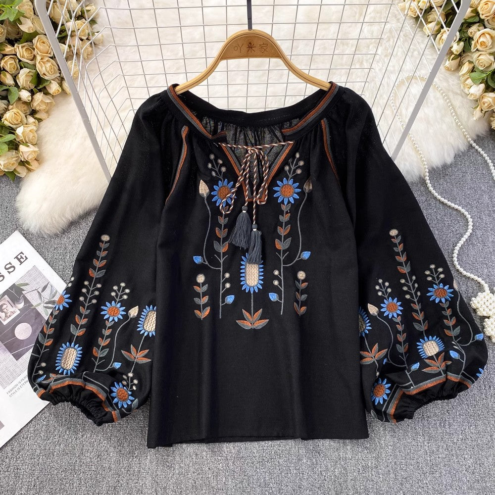 embroidered round neck shirt women's casual top S3965