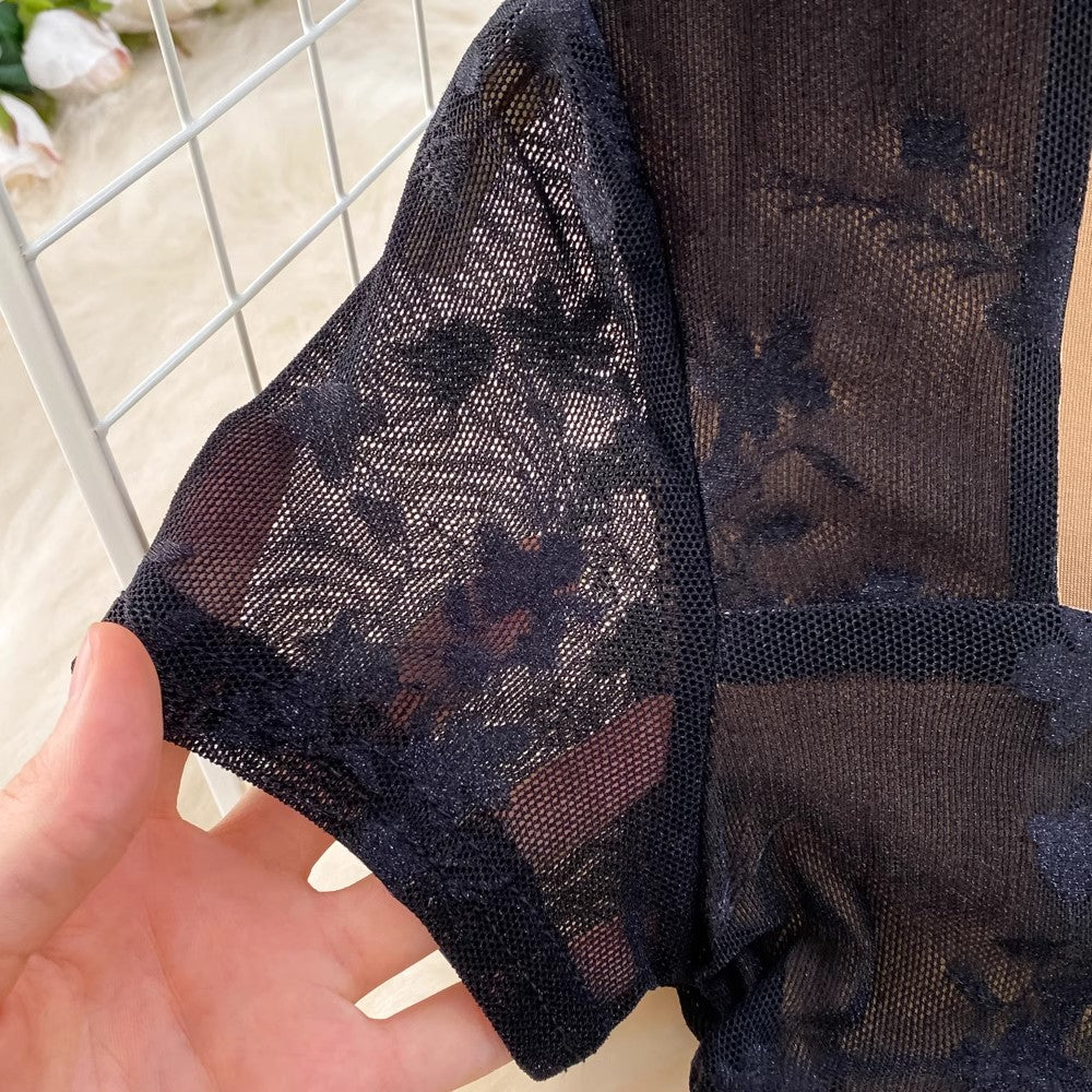 short-sleeved square neck lace mid-length dress S4271