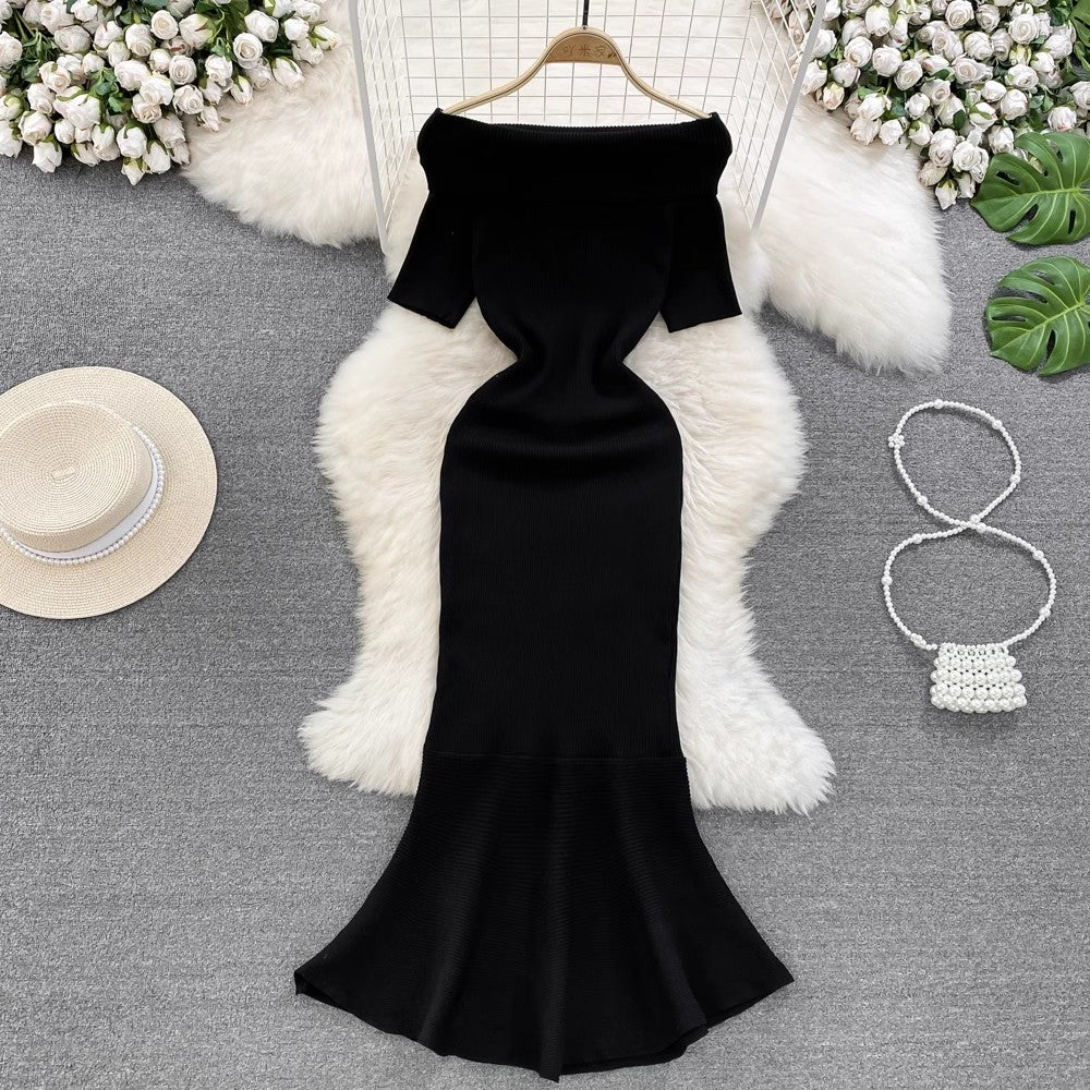 off-shoulder A-line ruffled knitted dress S4080