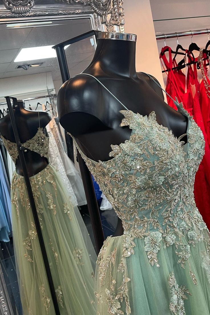 V Neck Straps Beaded Appliques Keyhole Long Prom Dress with Slit S3204