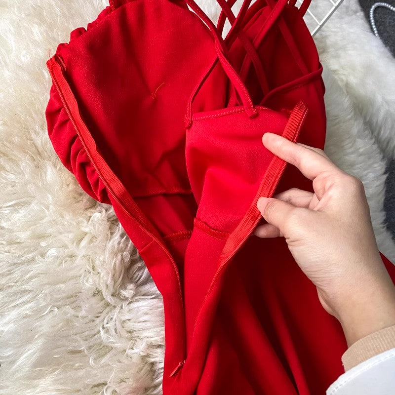 New sexy tube top V-neck backless sleeveless A-line dress short skirt dress S3949