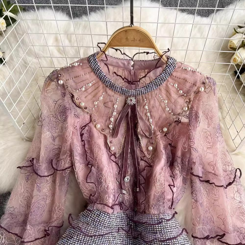 luxury women's French retro style dress beading and chic design skirt S4513