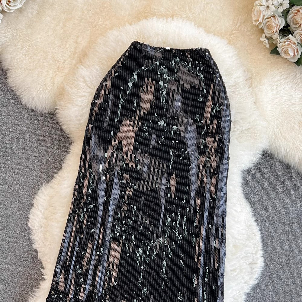 glitter elastic mid-length tassel skirt for women     S4070