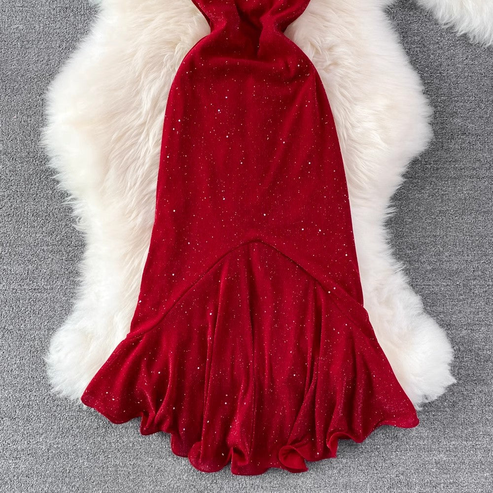 Fashionable sparkling glitter suspender backless sleeveless dress S4276