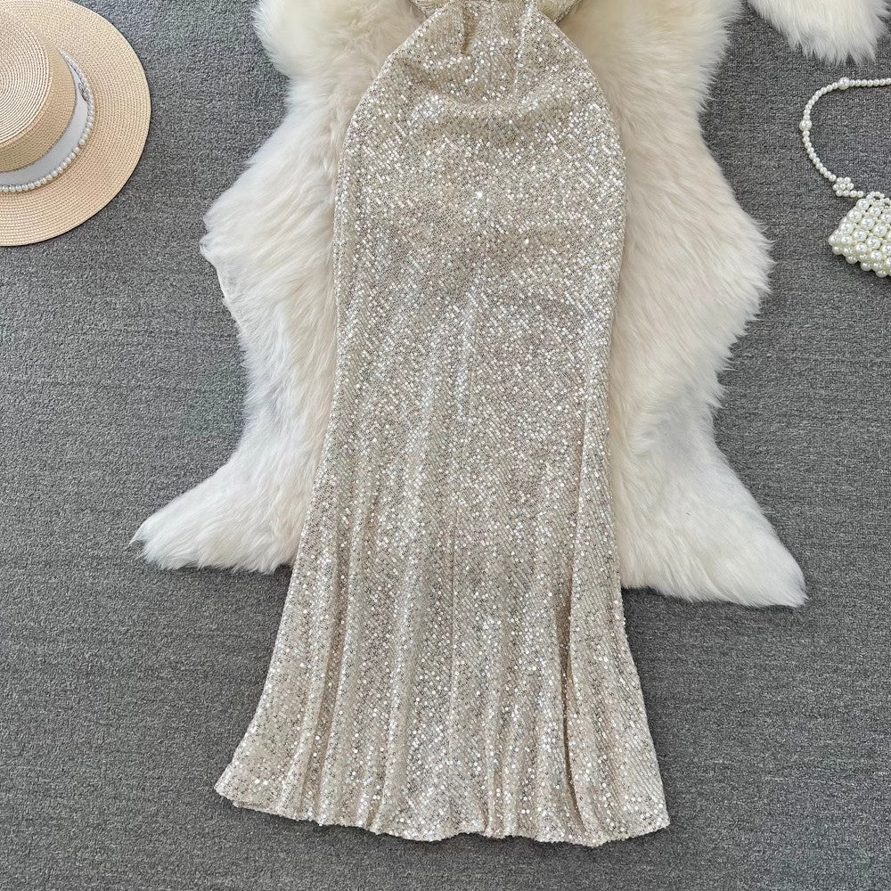 suspender long skirt fashionable sequin banquet dress S4420