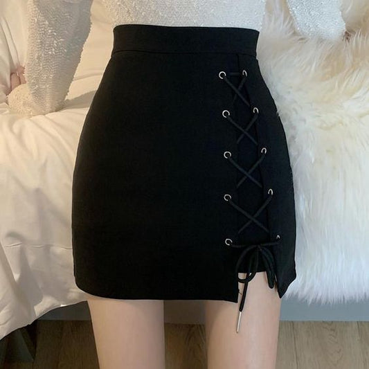 Black cross-tie irregular high-waist skirt       S2817