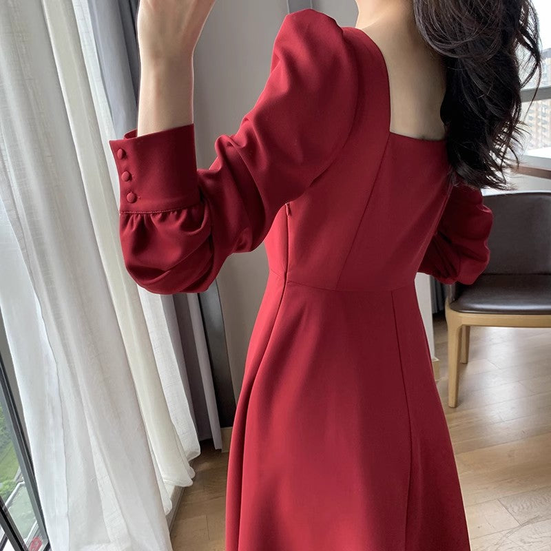 Red Dress Women's Square Neck French Style Dress S3454