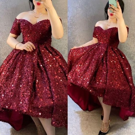 A line Burgundy High Low Off The Shoulder Sequin Prom Dress S3668