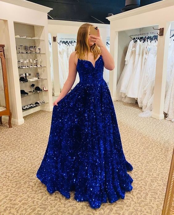 Stunning Ball Gown V Neck Royal Blue Sequins Long Prom Dresses S3720