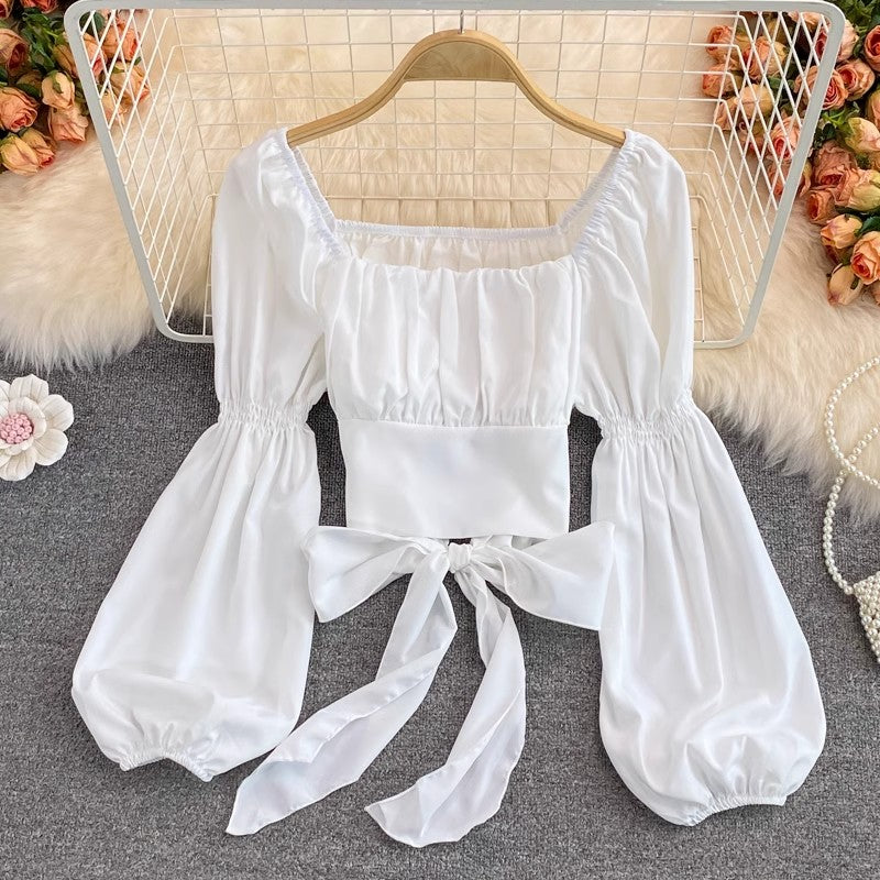 Square Neck Backless Long Sleeve Short Top S4189