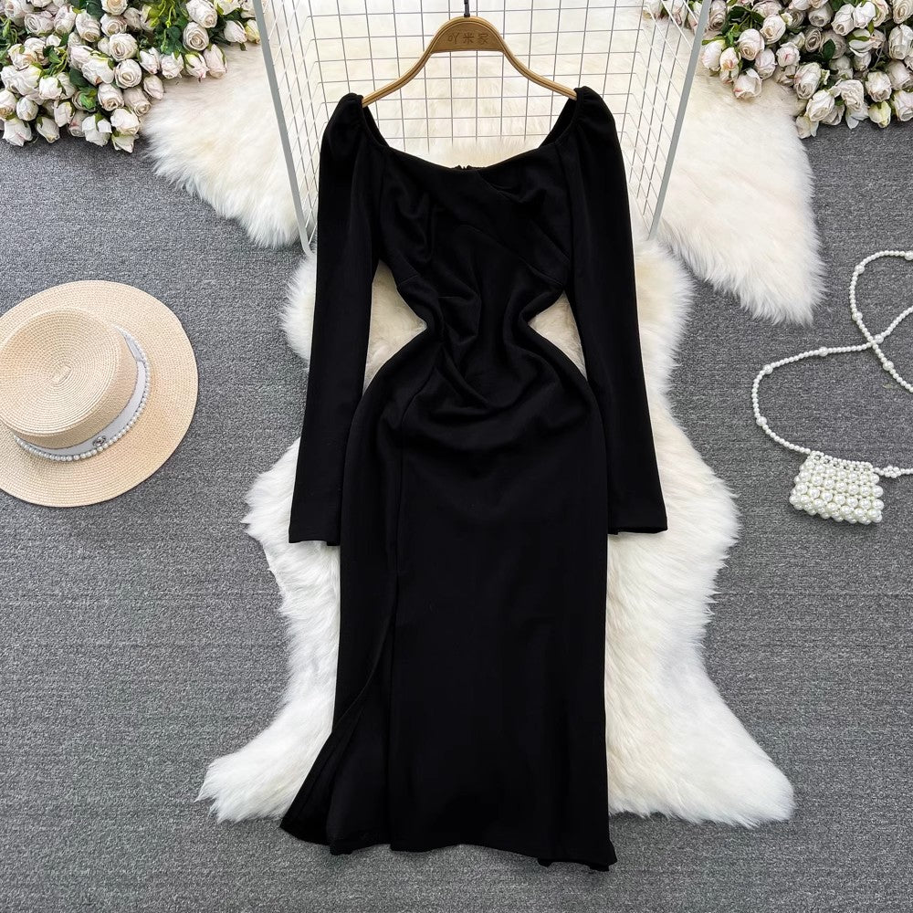 long-sleeved square neck mid-length slit dress S4040