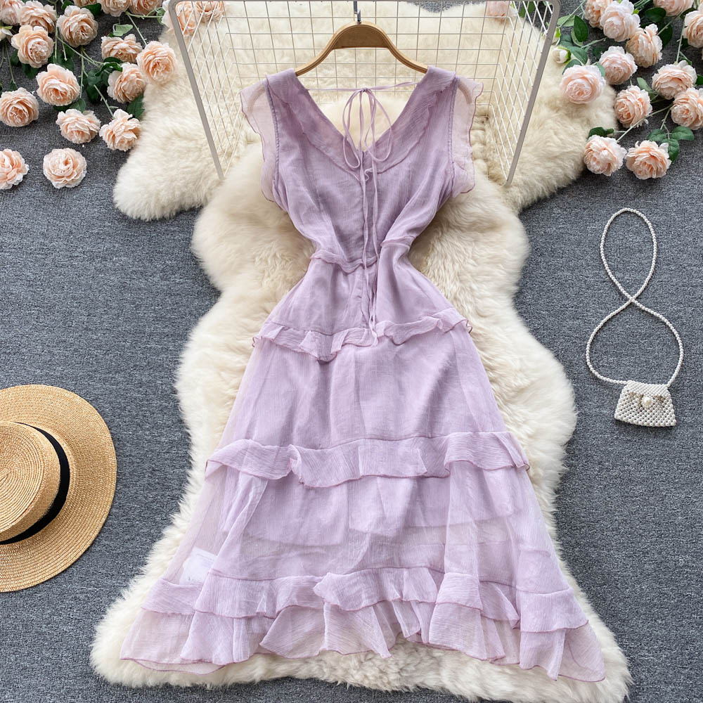 Purple V-neck Ruffled Cake Dress S4470