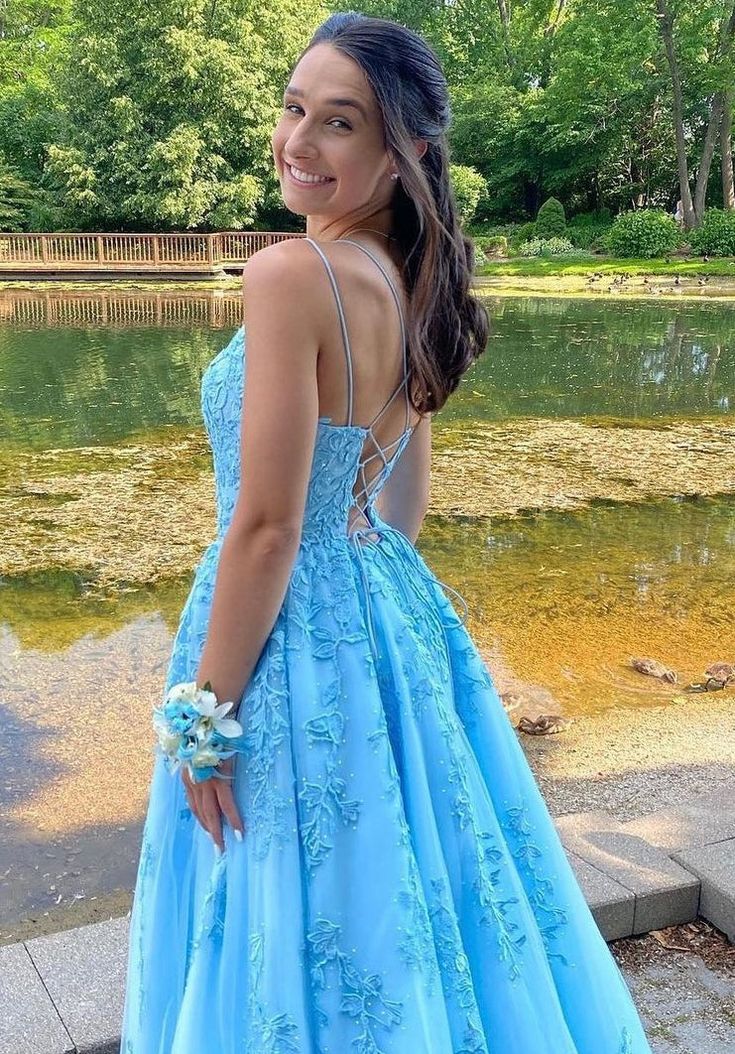 Blue Lace Prom Dress Long, Formal Ball Dress, Evening Dress, Dance Dresses, School Party Gown S3237