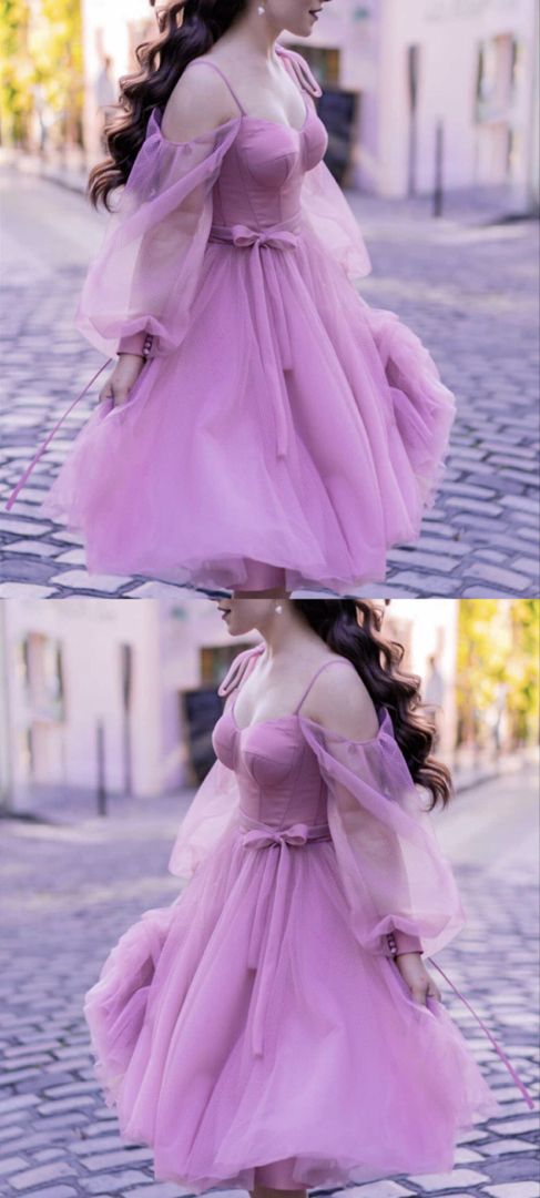 Mauve Tulle Long Sleeve Homecoming Dresses S2669