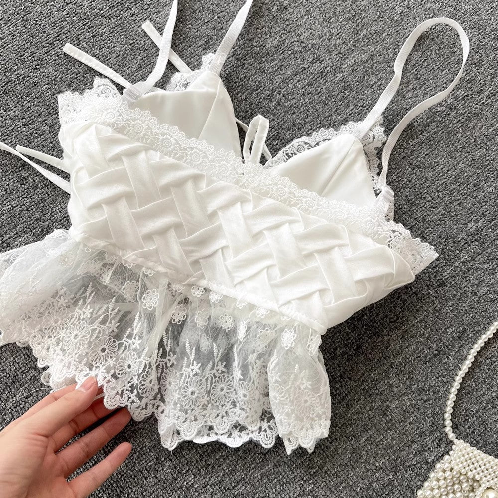 sweet lace V-neck tie short design trendy top S4598