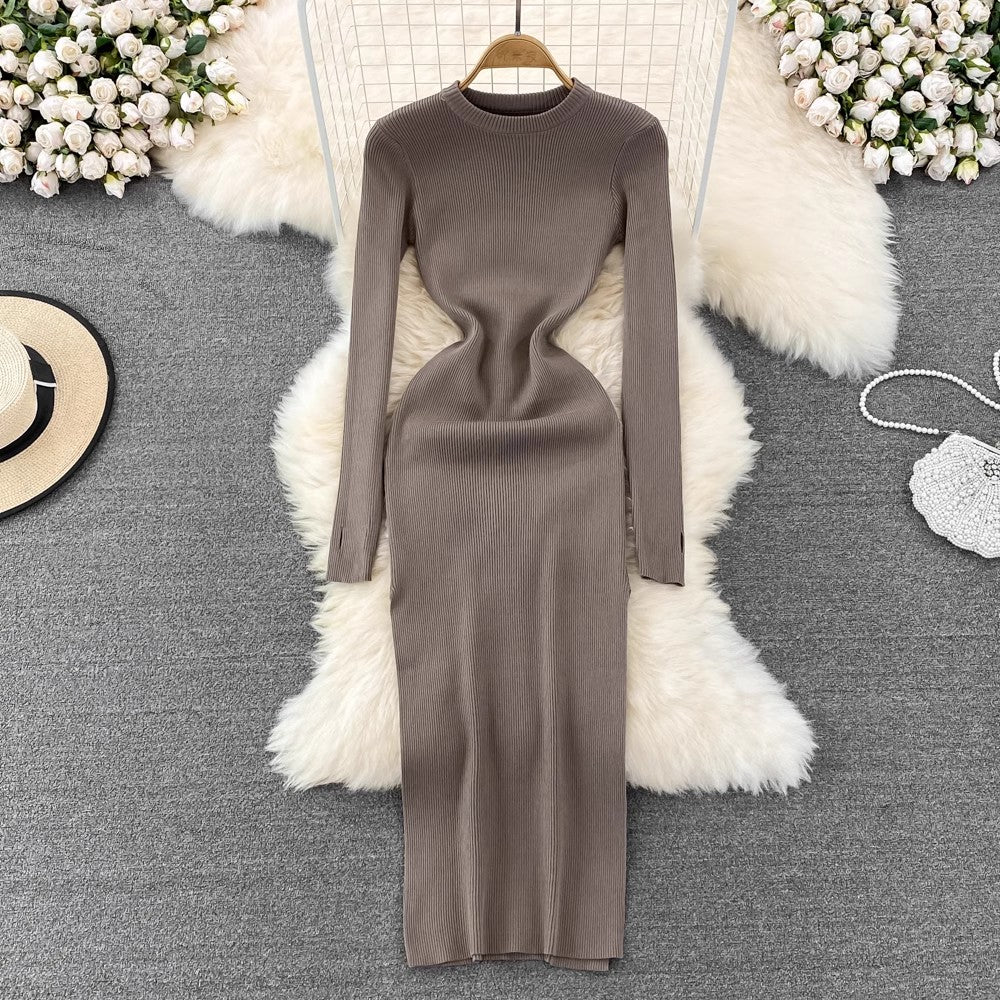 long-sleeved round neck elastic tight mid-length knitted dress S4010