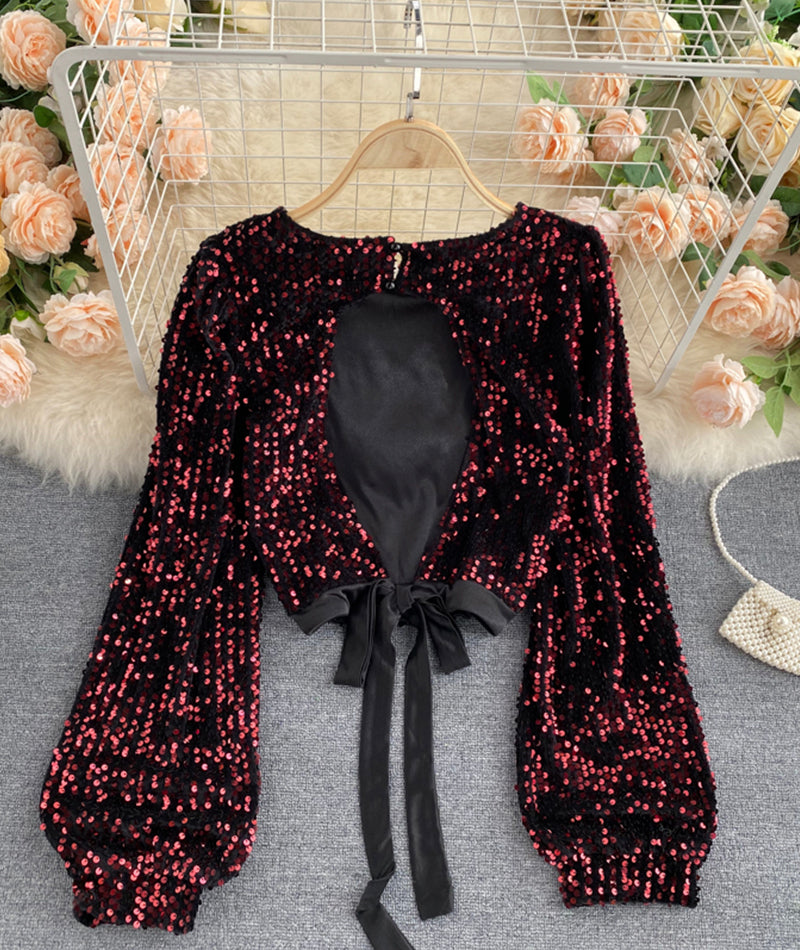 Shiny Long Sleeve Sequins Tops Open Back Tops S4392